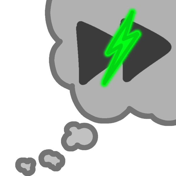 a grey thought bubble with a darker grey fast forwarding symbol inside of it and a bright green lightning bolt over said symbol.